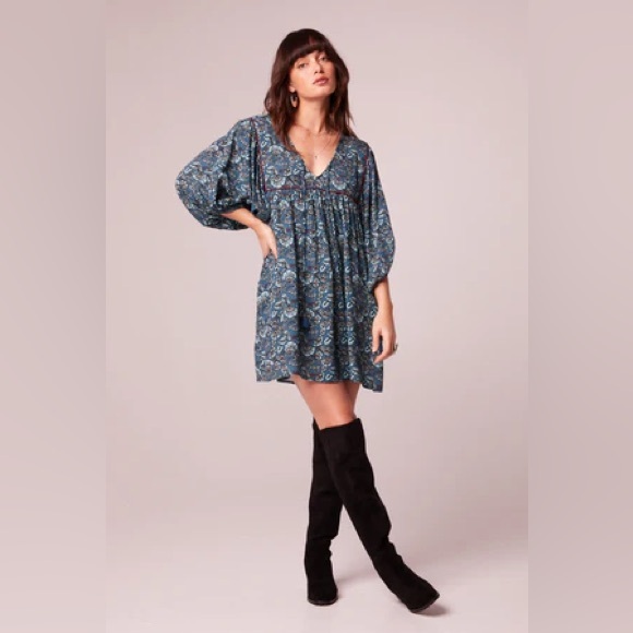 NWT Band Of The Free MALLORY TEAL FLORAL BABYDOLL MINI DRESS Bohemian Sleeves - Picture 5 of 5